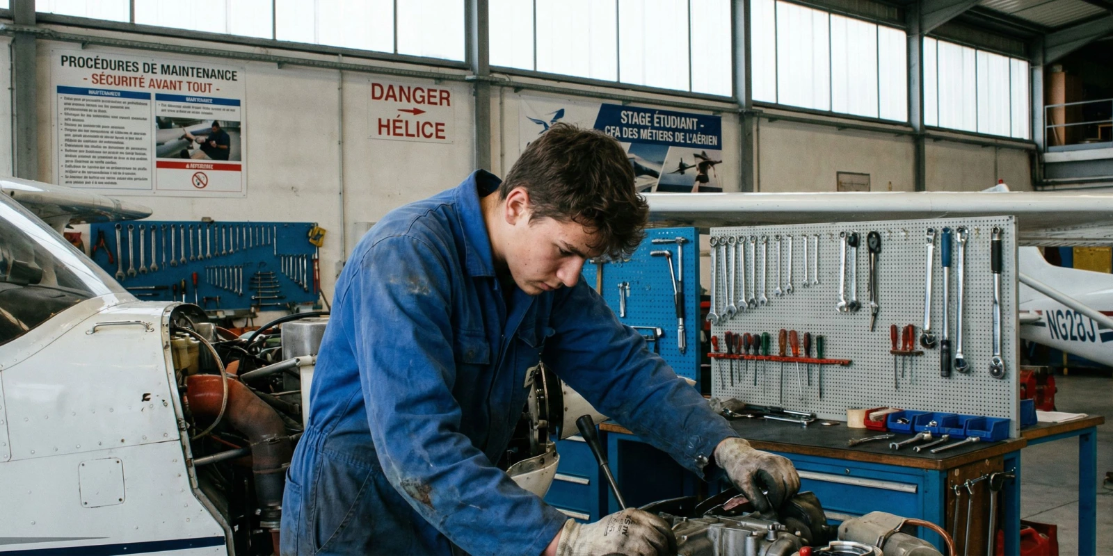 Stage BTS Aéronautique : Tout ce qu'il faut savoir (2026) Étudiant en BTS Aéronautique en stage sur un aéronef dans un hangar de maintenance